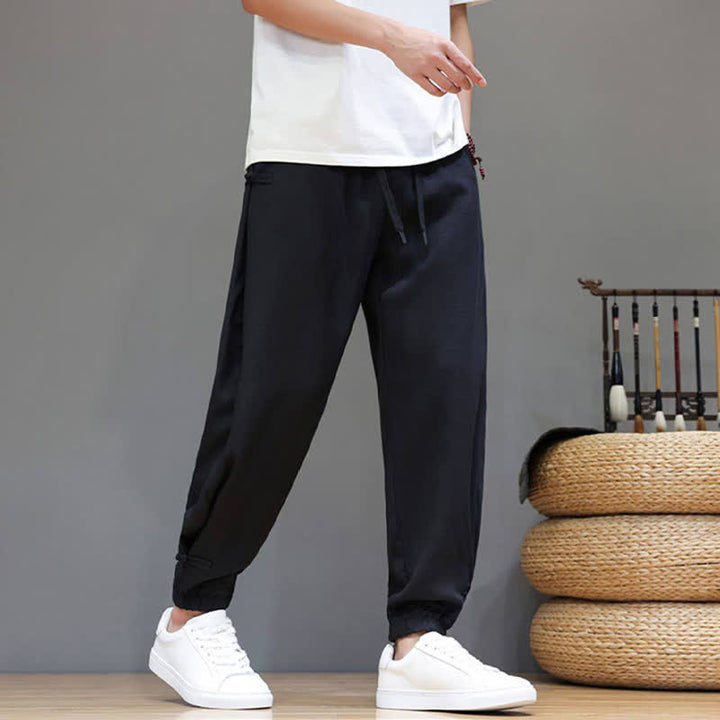 Buddha Stones Spring Summer Casual Minimalist Drawstring Elastic Waist Solid Cropped Pants Men's Tapered Pants With Pocket - image 18