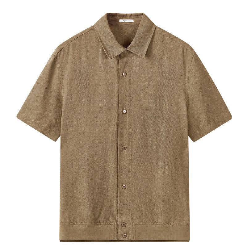 Buddha Stones Summer Casual Minimalist Button-Up Stand Collar Solid Men's Short Sleeve Shirts - image 1