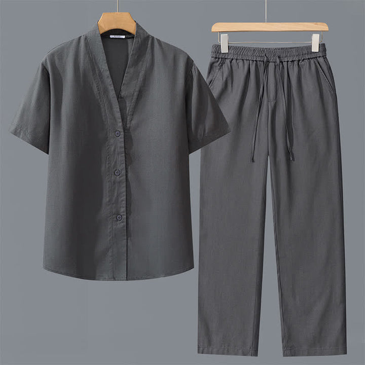 Buddha Stones 2Pcs Spring Summer Casual Minimalist Button-Up Shirt Drawstring Pants Solid Men's Meditation Cloth With Pockets - Dark Gray Shirt+Dark Gray Pants - US/UK/AU42，EU52 (3XL) - image 0