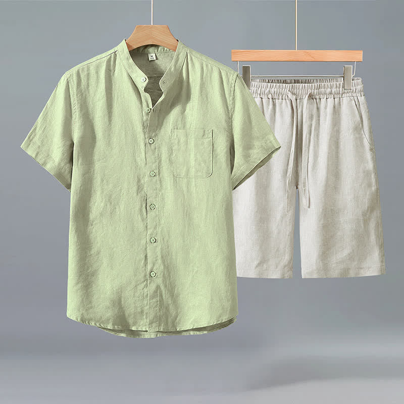 Buddha Stones 2Pcs Summer Casual Tang Style Button-Up Short Sleeve Shirt Shorts Solid Linen Men's Meditation Cloth With Pocket - Green Shirt+Beige Pants - US/UK/AU42，EU52 (3XL) - image 6