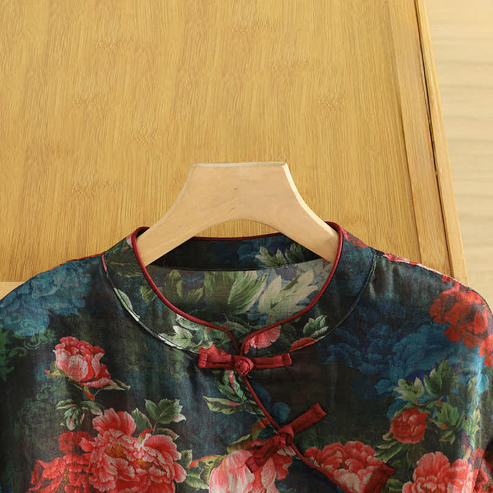 Buddha Stones Summer Tang Style Elegant Mandarin Collar Peony Floral Tank Top Women's Sleeveless Shirts - image 3