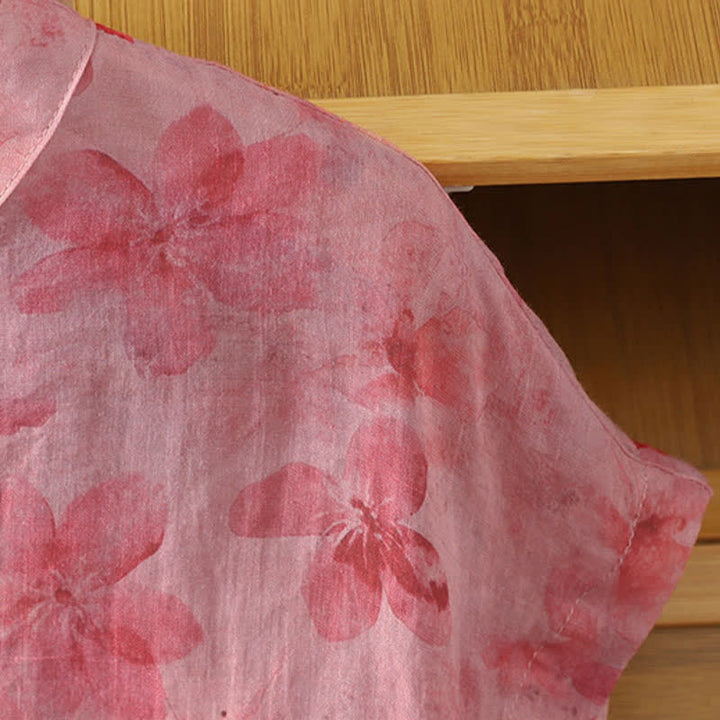 Buddha Stones Summer Tang Style Casual Mandarin Collar Pink Floral Tank Top Women's Sleeveless Shirts - image 5