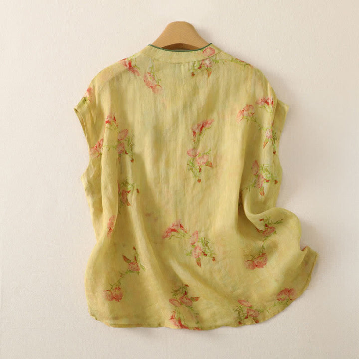 Buddha Stones Summer Tang Style Vintage Mandarin Collar Pink Flowers Tank Top Women's Sleeveless Shirts - image 1