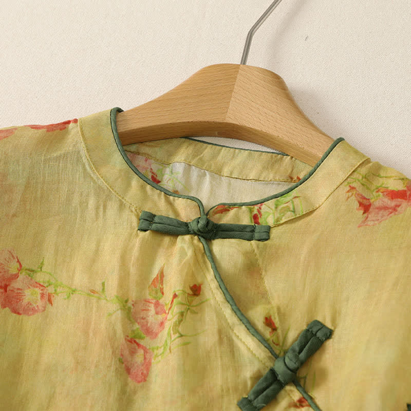 Buddha Stones Summer Tang Style Vintage Mandarin Collar Pink Flowers Tank Top Women's Sleeveless Shirts - image 2