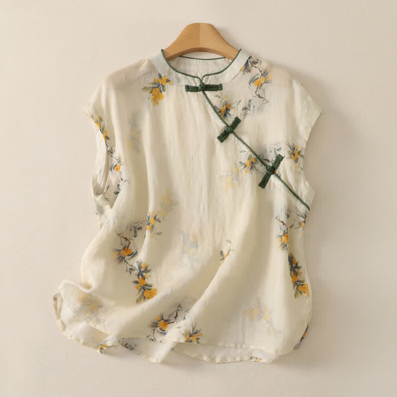 Buddha Stones Summer Tang Style Vintage Mandarin Collar Yellow Loquat Floral Tank Top Women's Sleeveless Shirts - Beige - US12, UK/AU16, EU44 (2XL) - image 0