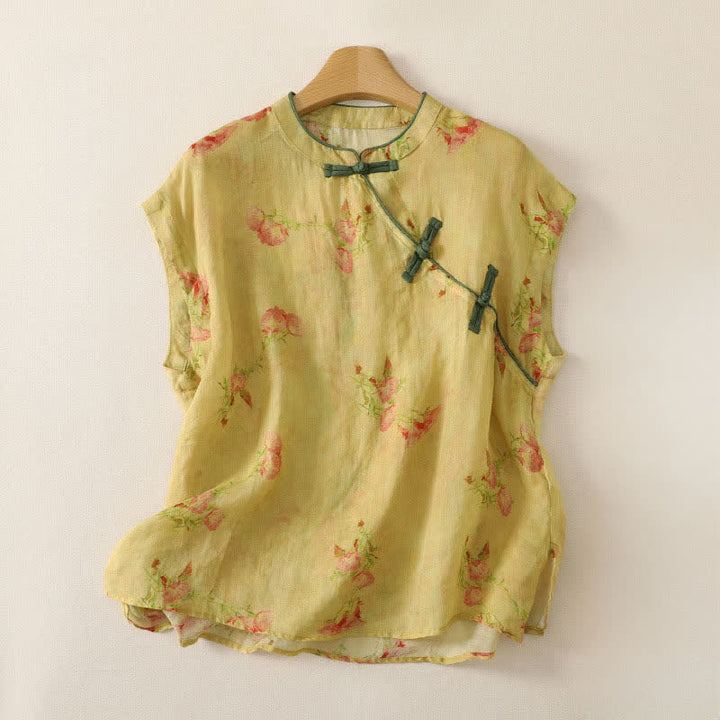 Buddha Stones Summer Tang Style Vintage Frog Button Orchid Floral Women's Sleeveless Shirts Tank Top - PaleGoldenrod - US12, UK/AU16, EU44 (2XL) - image 63