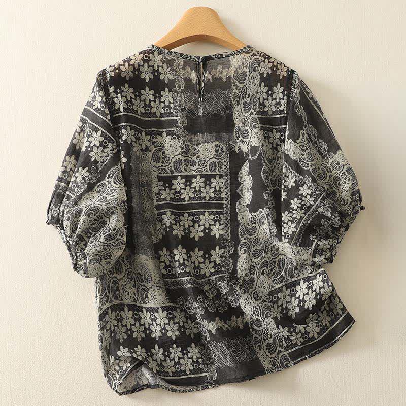 Buddha Stones Summer Casual Vintage Black Floral Patchwork Women's Short Sleeve Shirts - image 1