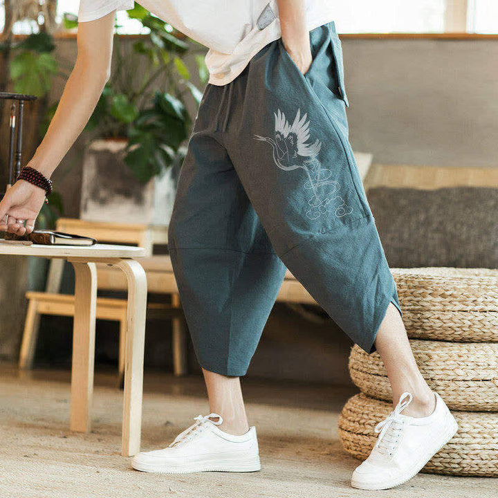 Buddha Stones Summer Casual Vintage Drawstring Crane Print Capri Pants Men's Harem Pants With Pocket - image 3