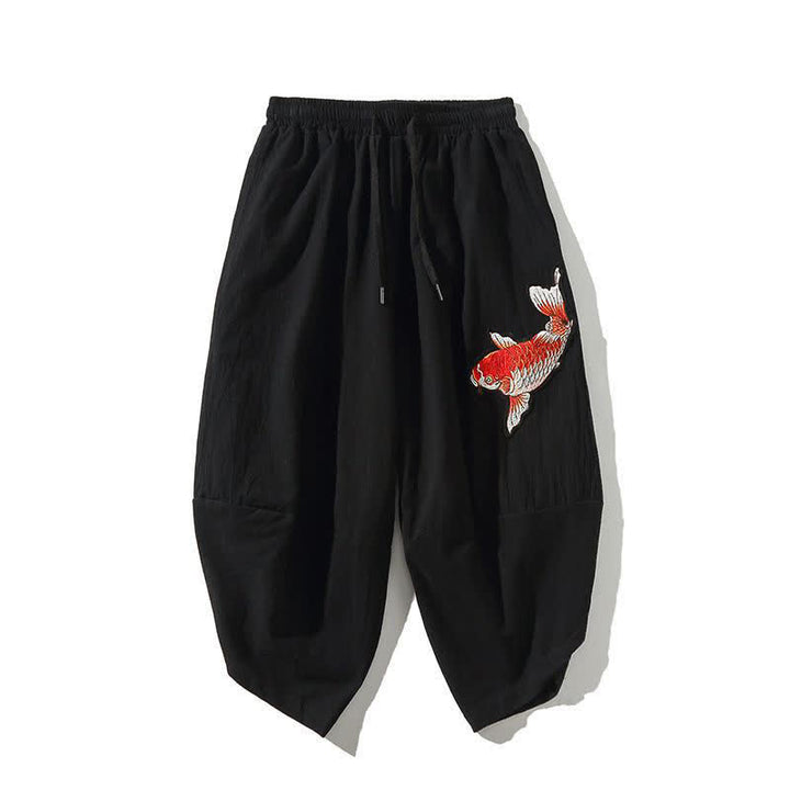 Buddha Stones Summer Tang Style Drawstring Koi Fish Capri Pants Men's Harem Pants With Pocket - Black - US/UK/AU46, EU56 (5XL) - image 12