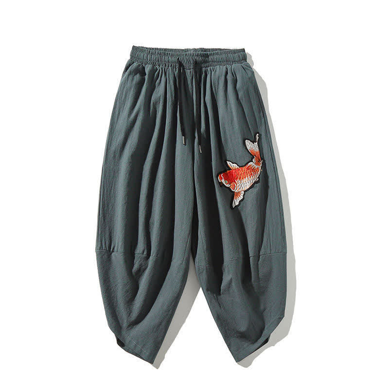 Buddha Stones Summer Tang Style Drawstring Koi Fish Capri Pants Men's Harem Pants With Pocket - CadetBlue - US/UK/AU46, EU56 (5XL) - image 14