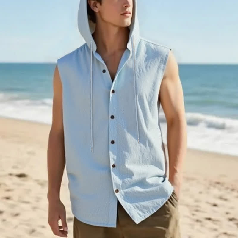 Buddha Stones Summer Casual Minimalist Button-Up Drawstring Solid Tank Top Men's Sleeveless Shirts - image 1