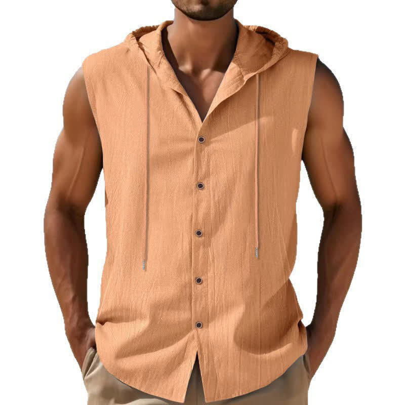 Buddha Stones Summer Casual Minimalist Button-Up Drawstring Solid Tank Top Men's Sleeveless Shirts - image 11