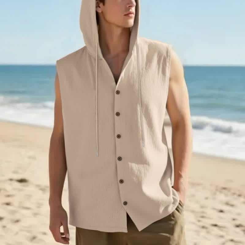 Buddha Stones Summer Casual Minimalist Button-Up Drawstring Solid Tank Top Men's Sleeveless Shirts - Tan - US/UK/AU46, EU56 (3XL) - image 3