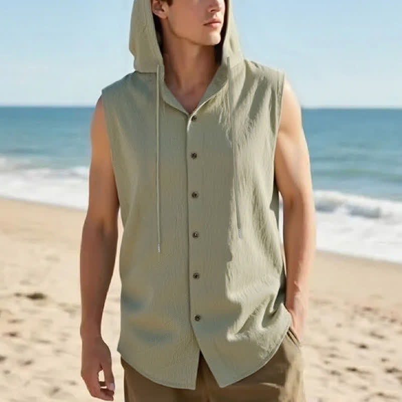 Buddha Stones Summer Casual Minimalist Button-Up Drawstring Solid Tank Top Men's Sleeveless Shirts - DarkOliveGreen - US/UK/AU46, EU56 (3XL) - image 8