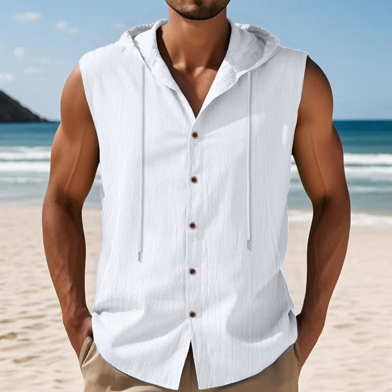 Buddha Stones Summer Casual Minimalist Button-Up Drawstring Solid Tank Top Men's Sleeveless Shirts - image 20