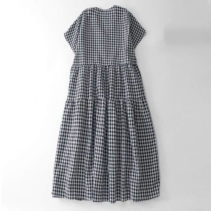 Buddha Stones Summer Vintage Plaid V-Neck Women's Short Sleeve Dress With Pocket - image 3