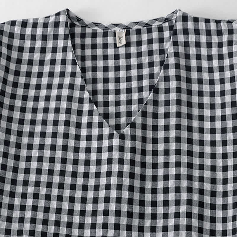 Buddha Stones Summer Vintage Plaid V-Neck Women's Short Sleeve Dress With Pocket - image 6