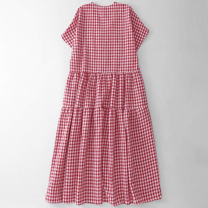 Buddha Stones Summer Vintage Plaid V-Neck Women's Short Sleeve Dress With Pocket - image 1