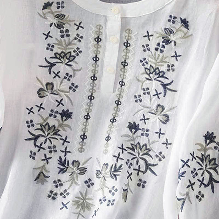 Buddha Stones Summer Casual Vintage Embroidery Floral Women's Short Sleeve Shirts - image 25
