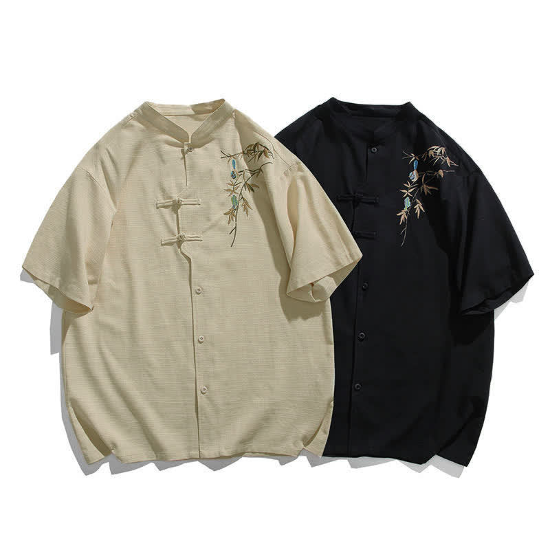 Buddha Stones Summer Tang Style Mandarin Collar Frog Button Leaf Embroidery Men's Short Sleeve Shirts - image 15
