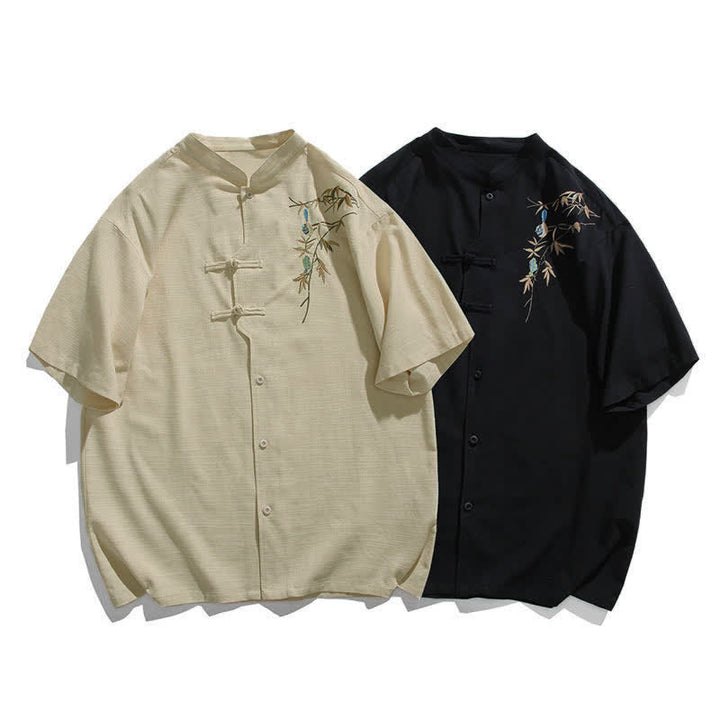 Buddha Stones Summer Tang Style Mandarin Collar Frog Button Leaf Embroidery Men's Short Sleeve Shirts - image 15