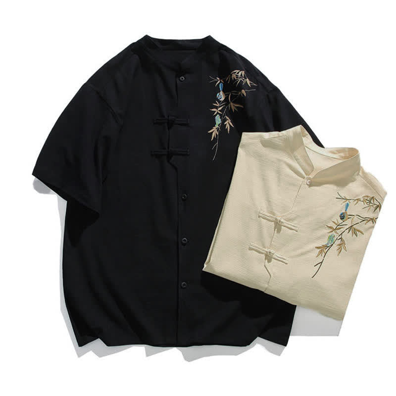 Buddha Stones Summer Tang Style Mandarin Collar Frog Button Leaf Embroidery Men's Short Sleeve Shirts - image 16