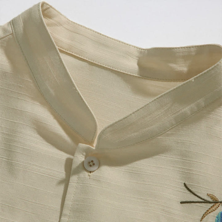Buddha Stones Summer Tang Style Mandarin Collar Frog Button Leaf Embroidery Men's Short Sleeve Shirts - image 5