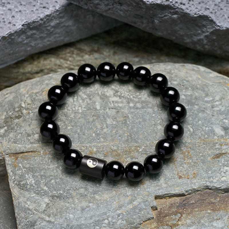Buddha Stones Ebony Wood Yin Yang Balance Inlaid Barrel Bead Bracelet - image 3
