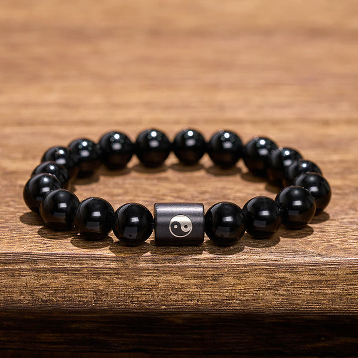 Buddha Stones Ebony Wood Yin Yang Balance Inlaid Barrel Bead Bracelet - image 9