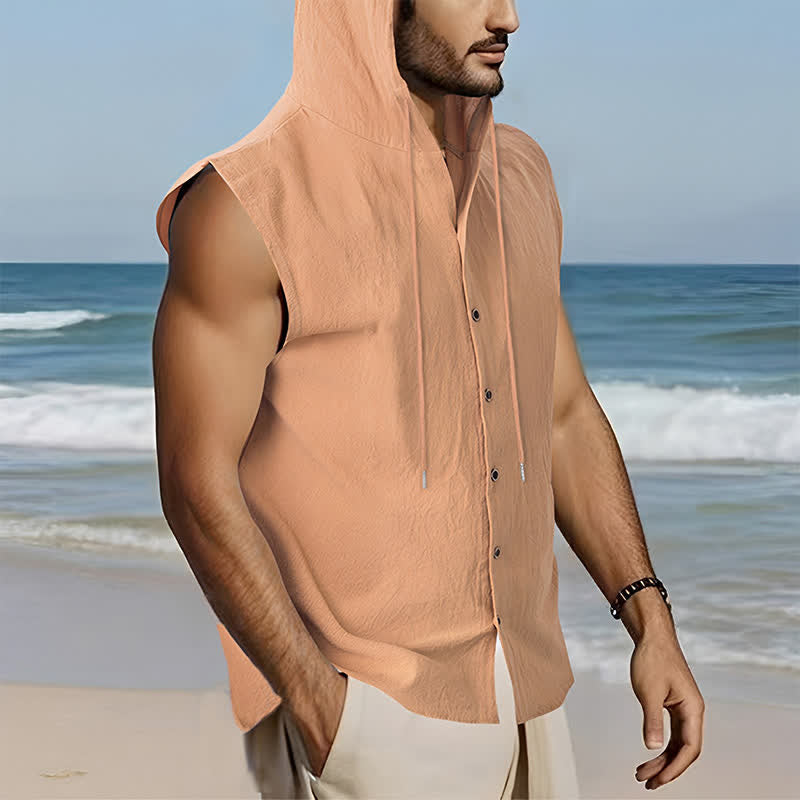 Buddha Stones Summer Casual Minimalist Button-Up Drawstring Solid Tank Top Men's Sleeveless Shirts - image 18
