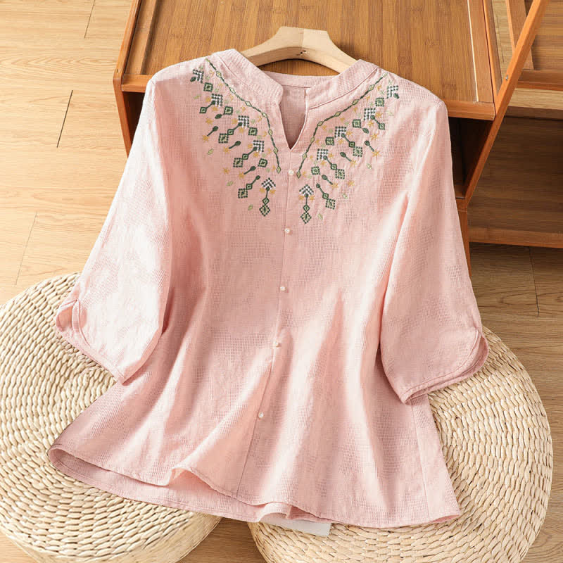 Buddha Stones Summer Casual Boho Geometry Embroidery Floral V-Neck Women's Three-Quarter Sleeve Shirts - LightPink - US12, UK/AU16, EU44 (3XL) - image 7