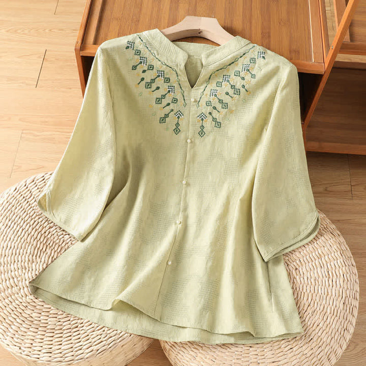 Buddha Stones Summer Casual Boho Geometry Embroidery Floral V-Neck Women's Three-Quarter Sleeve Shirts - PaleGoldenrod - US12, UK/AU16, EU44 (3XL) - image 15