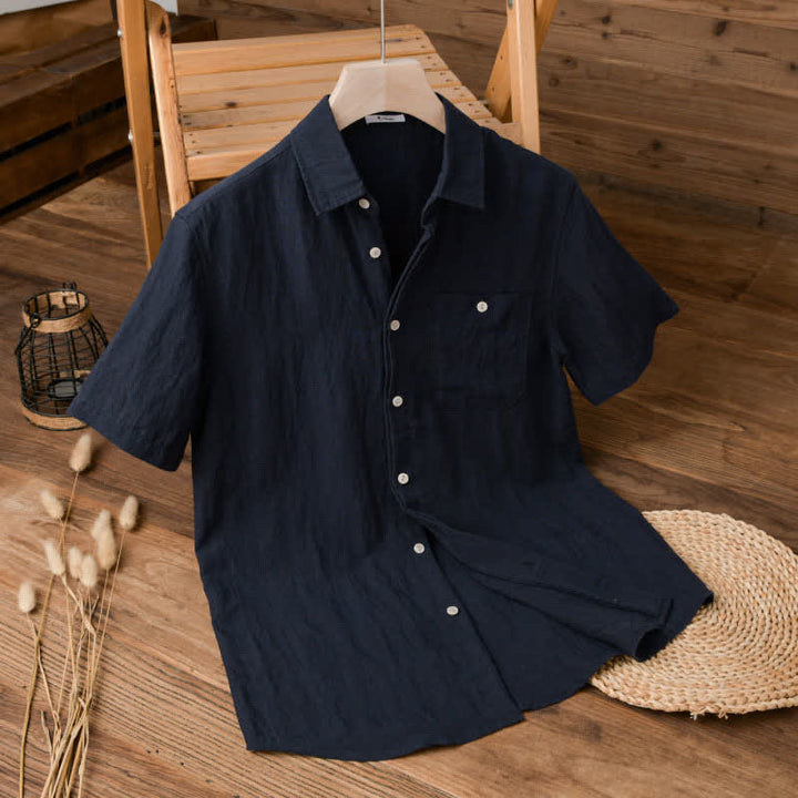 Buddha Stones Summer Casual Minimalist Patch Pocket Solid Men's Short Sleeve Shirts - Navy - US/UK/AU42, EU52 (3XL) - image 0
