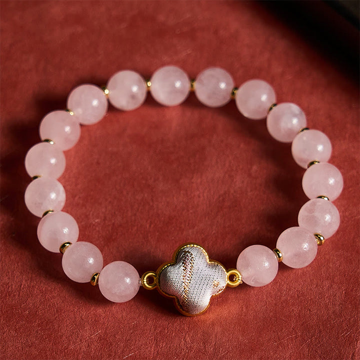 Buddha Stones Rose Quartz Song Brocade Four-leaf Clover Blessing Handmade Charm Bracelet - image 1