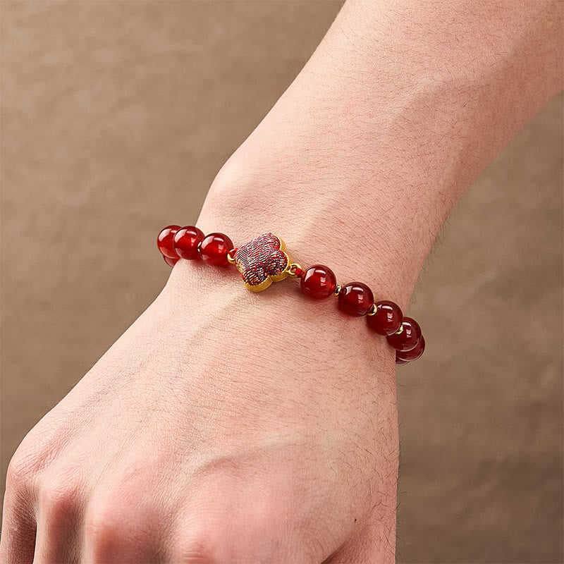Buddha Stones Red Agate Song Brocade Four-leaf Clover Blessing Charm Bracelet - image 5