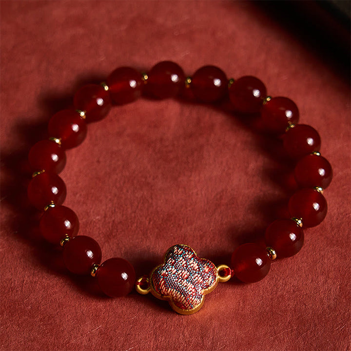 Buddha Stones Red Agate Song Brocade Four-leaf Clover Blessing Charm Bracelet - image 2