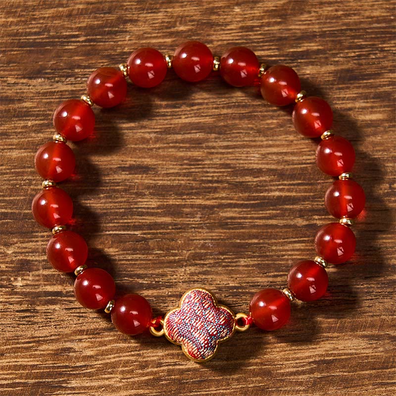 Buddha Stones Red Agate Song Brocade Four-leaf Clover Blessing Charm Bracelet - image 1