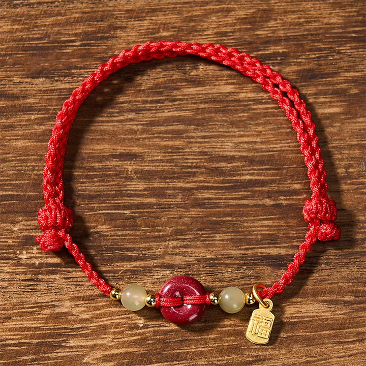 Buddha Stones Cinnabar Peace Buckle Fu Character Protection Red String Pendant Bracelet - image 2