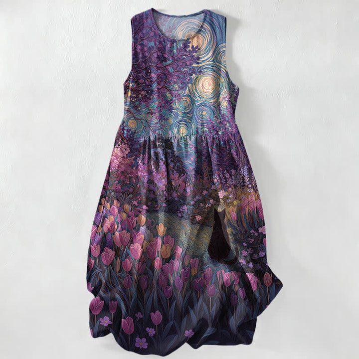 Buddha Stones Summer Casual Oil Painting Style Floral Swirl With Black Cat Pattern Women's Summer Sleeveless Midi Dress With Pockets - DarkViolet - US16，UK/AU20，EU48 (3XL) - image 4