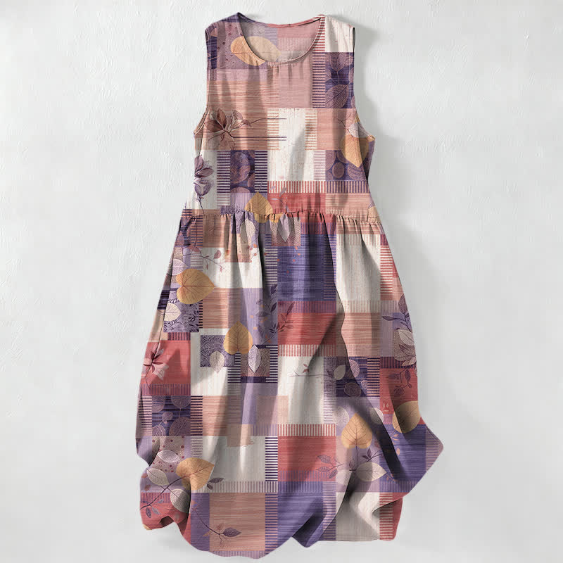 Buddha Stones Summer Casual Patchwork Leaf Geometric Pattern Women's Summer Sleeveless Midi Dress With Pockets - Plum - US16，UK/AU20，EU48 (3XL) - image 5