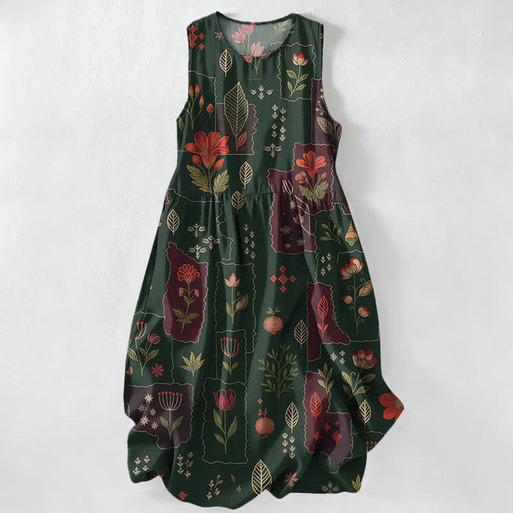 Buddha Stones Summer Casual Vintage Floral Patchwork Leaves Pattern Women's Summer Sleeveless Midi Dress With Pockets - DarkGreen - US16，UK/AU20，EU48 (3XL) - image 0