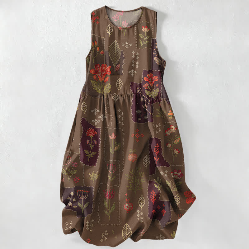 Buddha Stones Summer Casual Vintage Floral Patchwork Leaves Pattern Women's Summer Sleeveless Midi Dress With Pockets - Sienna - US16，UK/AU20，EU48 (3XL) - image 5