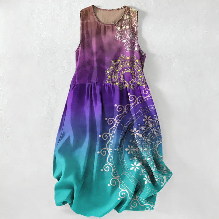 Buddha Stones Summer Casual Boho Mandala Ombre Pattern Women's Summer Sleeveless Midi Dress With Pockets - Peru - US16，UK/AU20，EU48 (3XL) - image 5