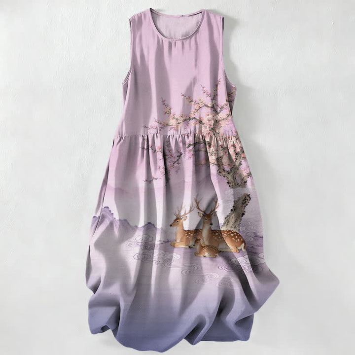 Buddha Stones Summer Casual Peach Blossom Tree Sika Deer Landscape Pattern Women's Summer Sleeveless Midi Dress With Pockets - Thistle - US16，UK/AU20，EU48 (3XL) - image 4