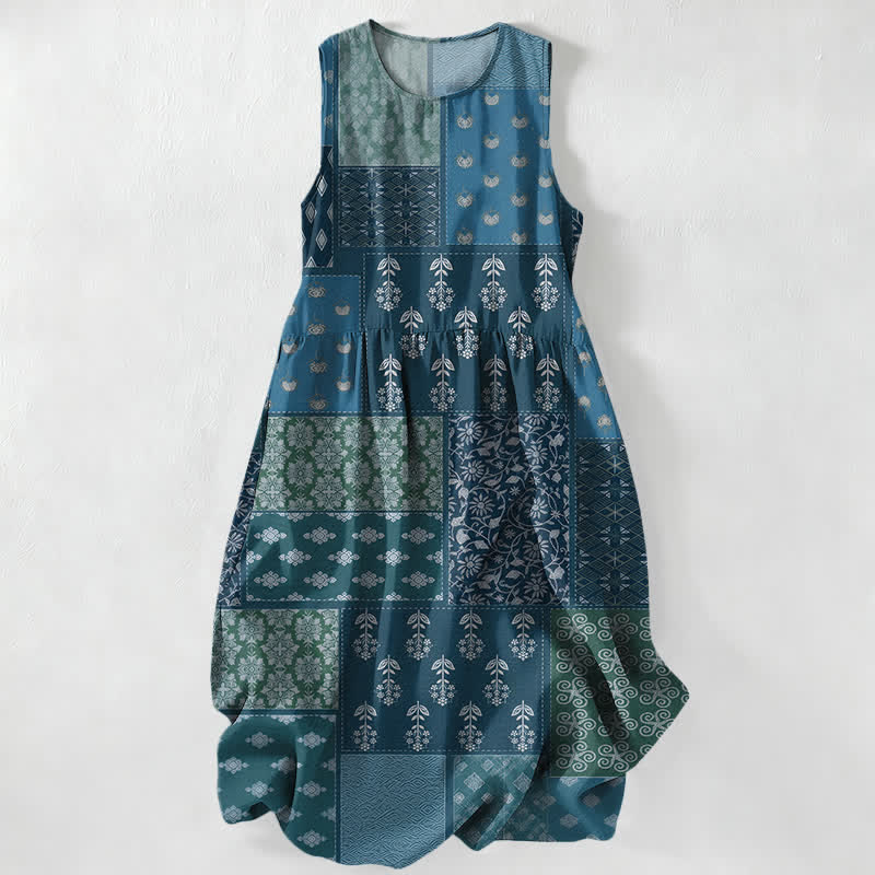 Buddha Stones Summer Casual Vintage Patchwork Floral Leaves Pattern Women's Summer Sleeveless Midi Dress With Pockets - CadetBlue - US16，UK/AU20，EU48 (3XL) - image 4