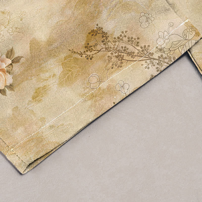 Buddha Stones Pure Cotton Vintage Geisha Floral Pattern Women's Elastic Waist Pants With Pockets - image 1