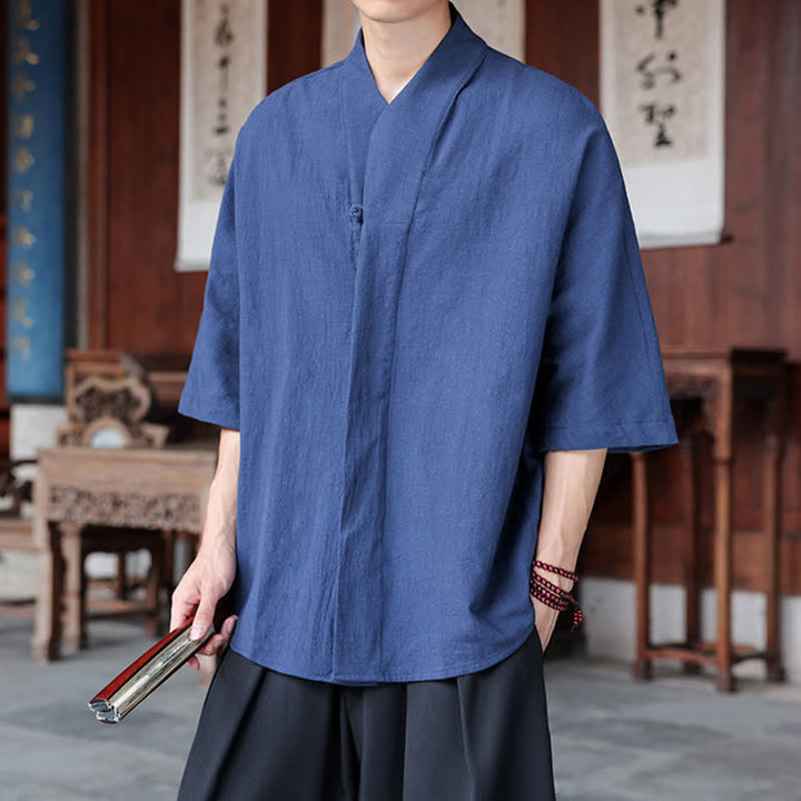 Buddha Stones Spring Summer Tang Style Minimalist Pankou Solid Men's Elbow-Length Shirts - image 7