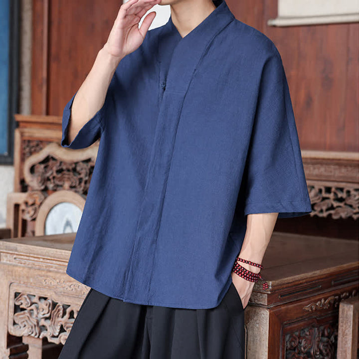 Buddha Stones Spring Summer Tang Style Minimalist Pankou Solid Men's Elbow-Length Shirts - image 6