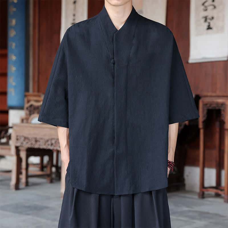 Buddha Stones Spring Summer Tang Style Minimalist Pankou Solid Men's Elbow-Length Shirts - Black - US/UK/AU46，EU56 (5XL) - image 9