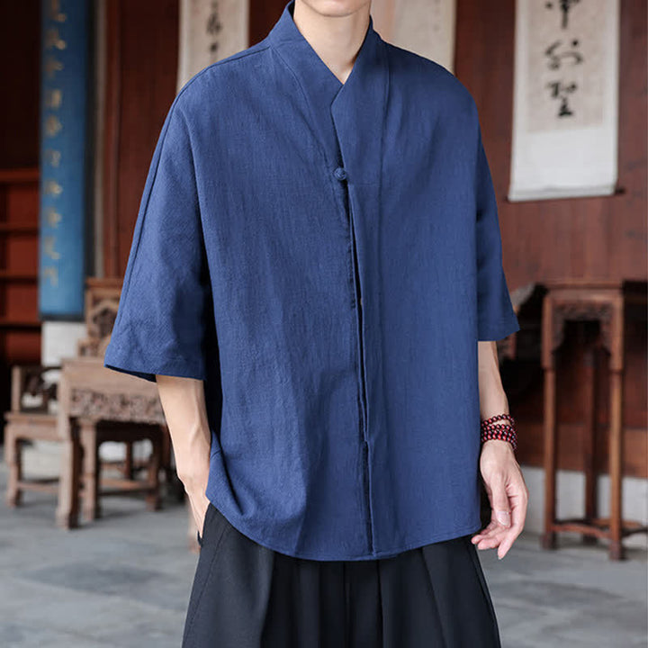 Buddha Stones Spring Summer Tang Style Minimalist Pankou Solid Men's Elbow-Length Shirts - image 2
